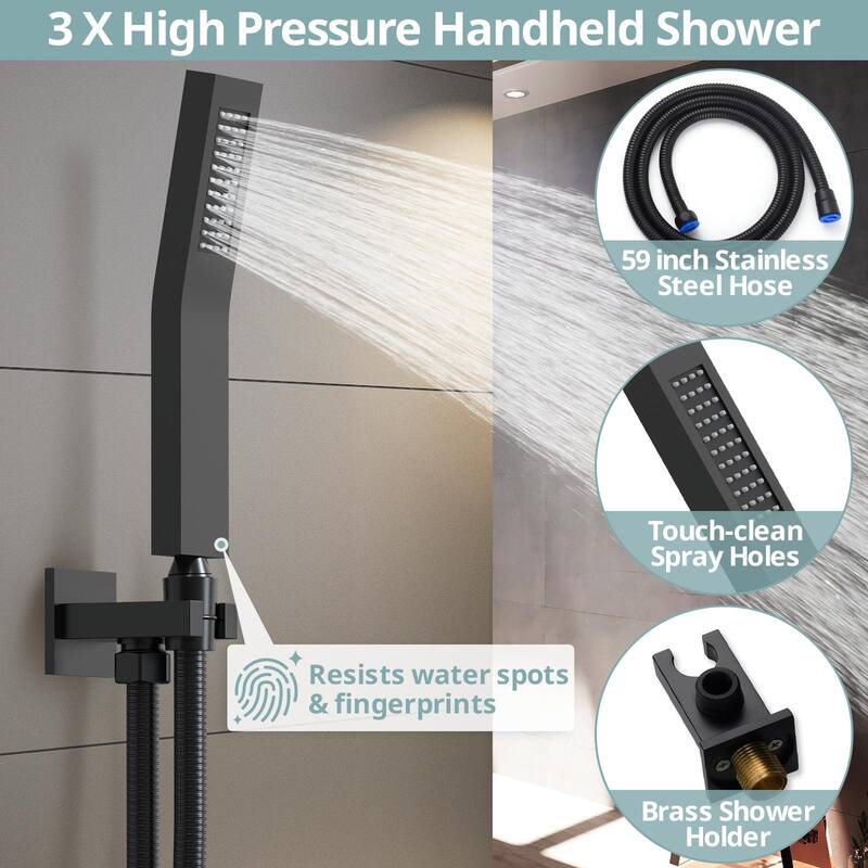 Dual Heads 12"Rainfall and High Pressure 6"Shower Faucet Dual Cascade System 3 Way Thermostatic Valve with 6 Body jets