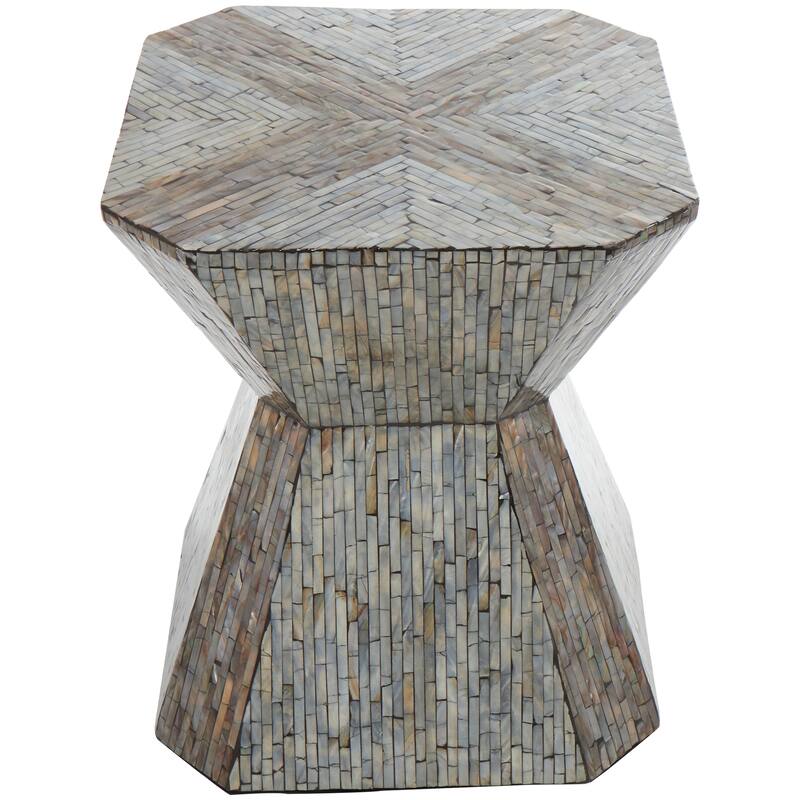 Gray Mother of Pearl Shell Hourglass Geometric Accent Table with Linear Mosaic Pattern