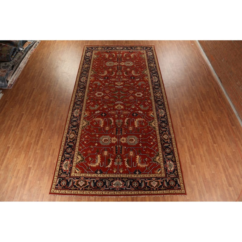 Floral Heriz Serapi Indian Large Area Rug Hand-Knotted Wool Carpet - 8'11"x 17'11"
