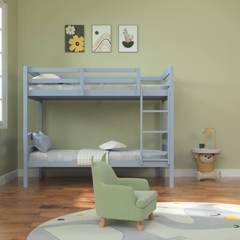 Grey Wood Twin Over Twin Bunk Bed with Staircase