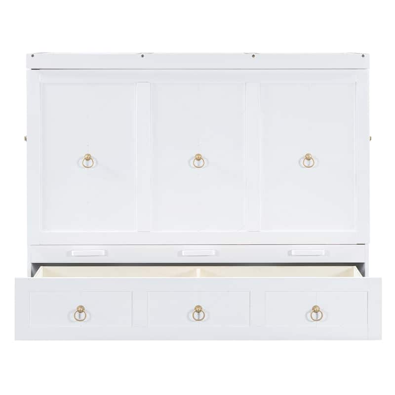 Full/Queen Murphy Bed with Built-in Power/USB Module, Wooden Foldable Wall Bed w/Large Storage Drawer for Home Office Guest Room