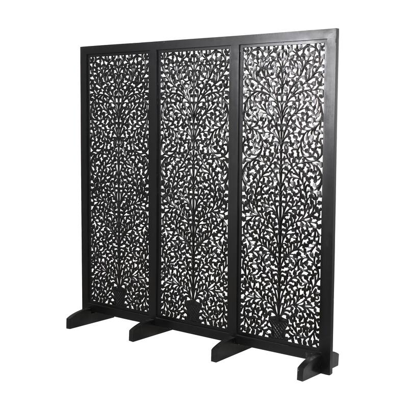 Wooden Floral Handmade Large Flat Freestanding Carved Room Divider Screen - Black - Roche River Decor