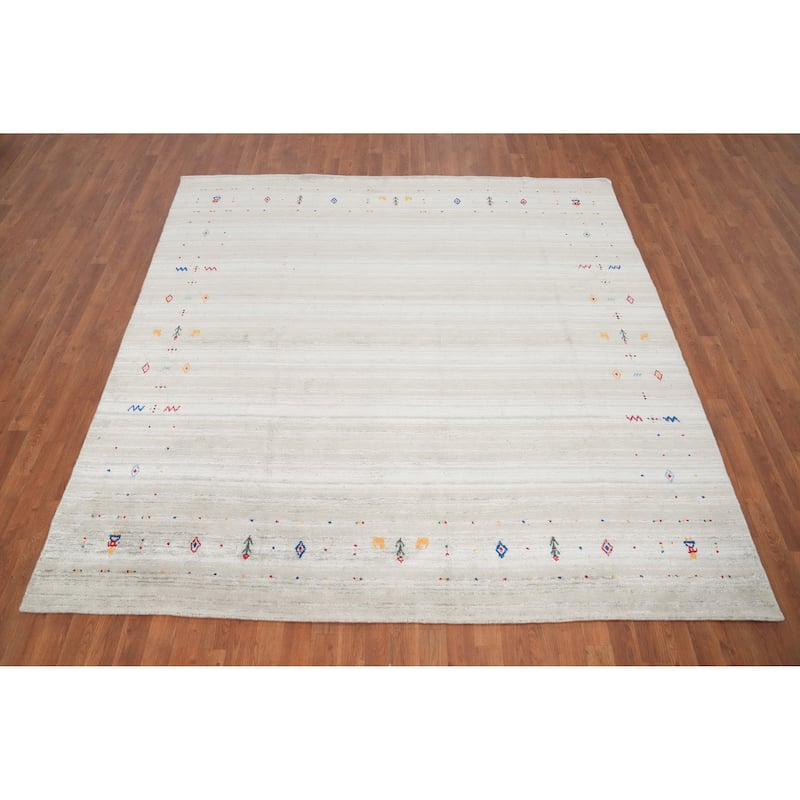 Hand Knotted Oriental Viscose Silk Carpet Tribal Animal Pictorial Beige & Ivories Gabbeh Area Rug - 8' 0'' X 7' 11''