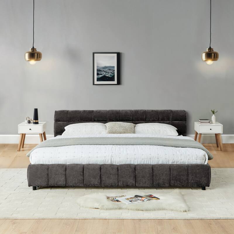 Block Thick Chenille Low Profile Platform Bed Fabric Upholstered Bedframe with Headboard Solid Wood Frame - Optional Storage Bed