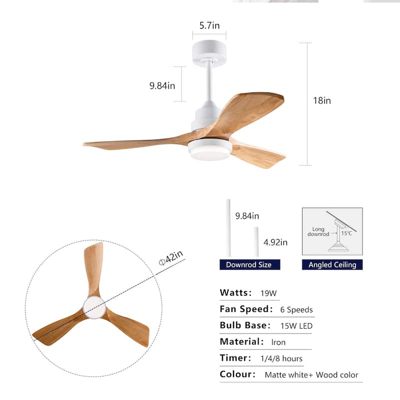 Sofucor 42"/48"/ 52"/60"Noiseless Walnut Wood Ceiling Fan with Remote Control, Integrated Light Optional