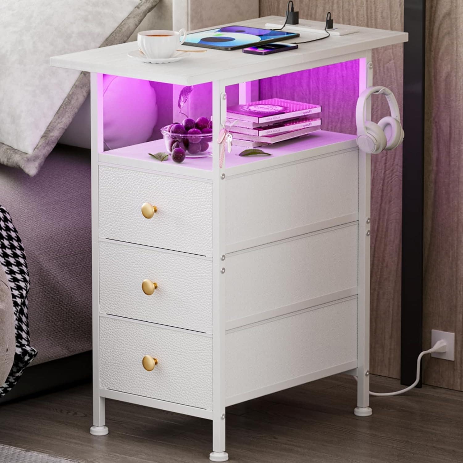 Slim Side Table with Charging Station, 3 Drawers & LED Light, Narrow Bedside Table for Small Spaces, White