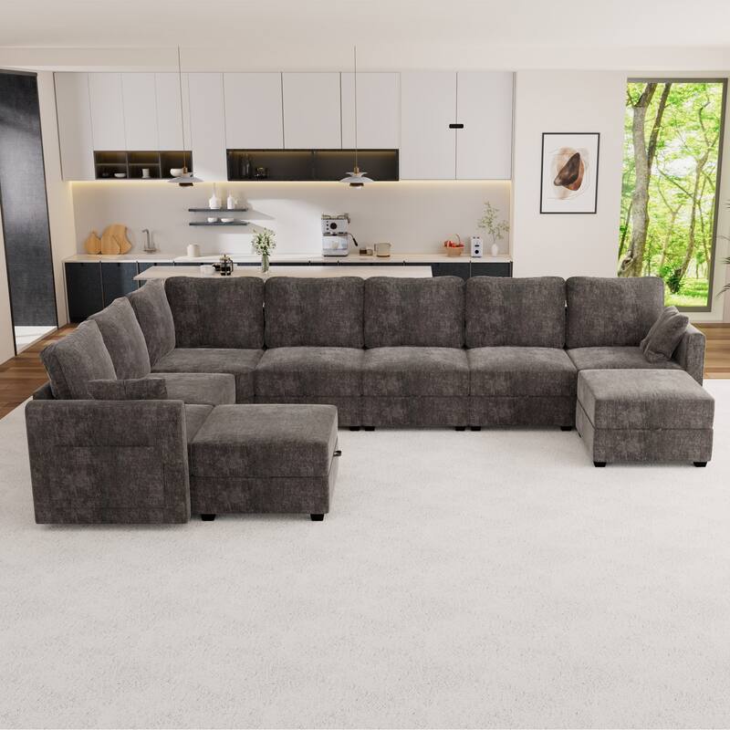 Modular 7-Seater Sectional Sofa with 2 Storage Ottomans - Grey