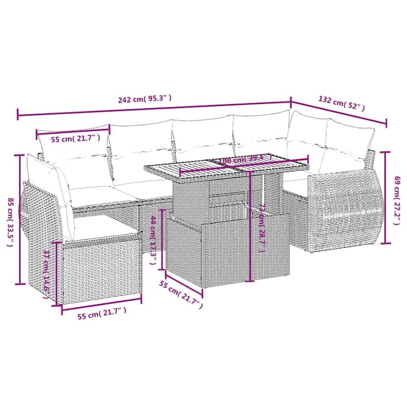 vidaXL Patio Sofa Set with Cushions Outdoor Furniture 7 Piece Poly Rattan - 24.4 x 24.4 x 27.2