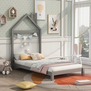 Charming House-Shaped Headboard Wood Platform Bed - Solid Pine Wood Construction - Bring Fun and Durability to Your Bedroom,Gray