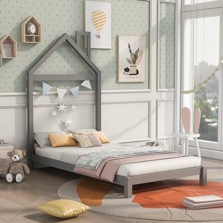 Gray Twin Size Wood Bed with House Headboard for Kids