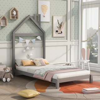 Modern Kids Bed Wooden Platform Bed Frame with House-shaped Headboard