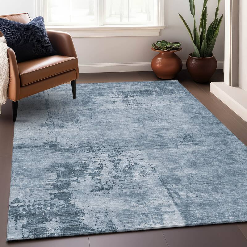 Machine Washable Indoor/ Outdoor Abstract Modern Chantille Rug - Denim - 10' x 14'