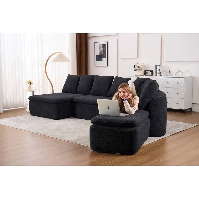 U-Shaped Modular Sectional Sofa with Ottoman, Woodgrain Chenille Deep Seat Boneless Couch, Compression Sofa with Pillows