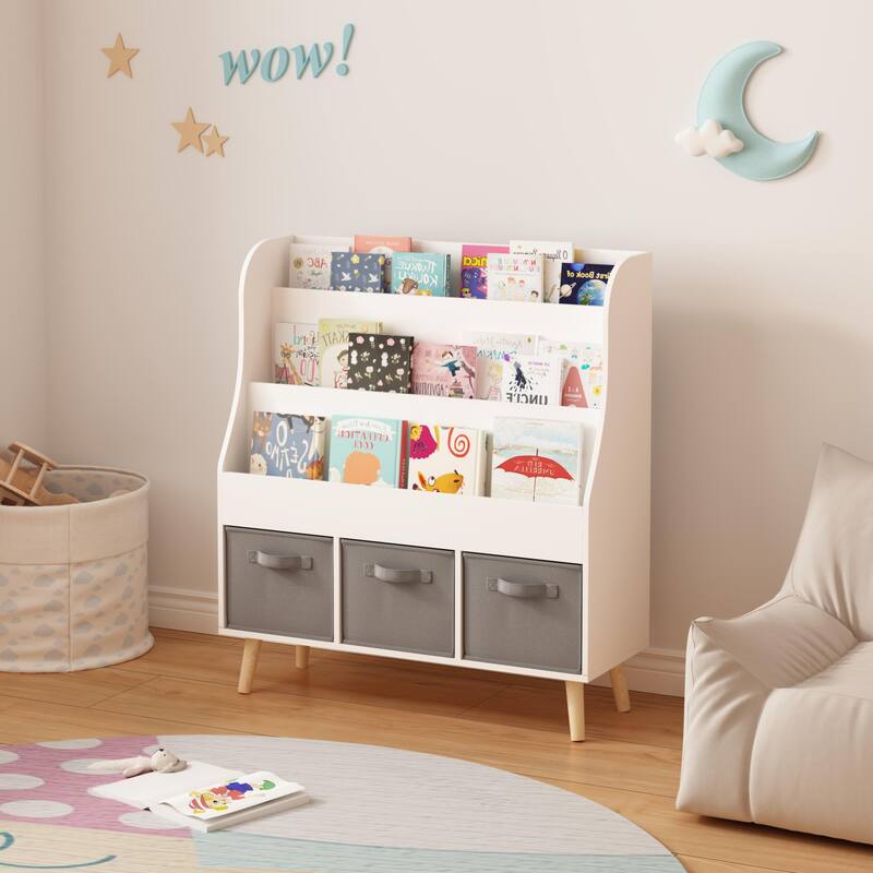 Kids Bookshelf with 3 Fabric Storage Bins, White Wooden Book Display Organizer for Toddlers and Children