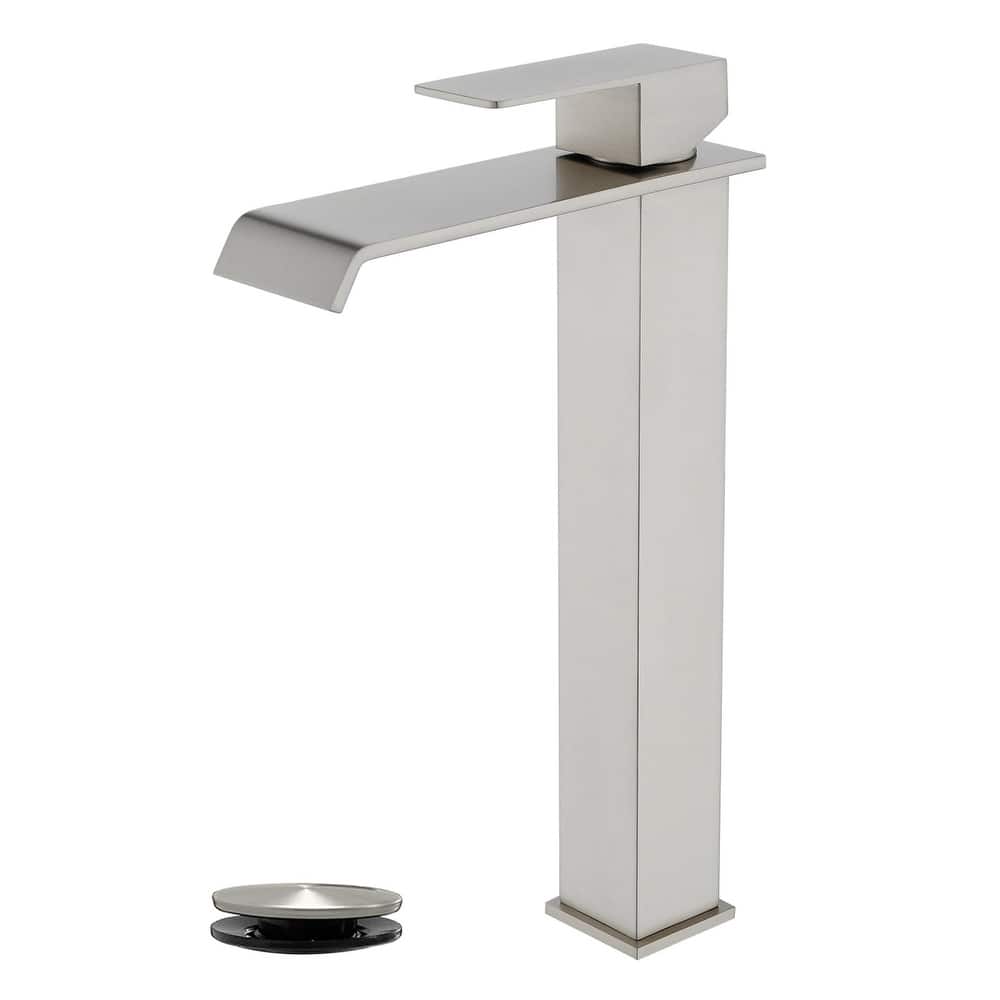 Waterfall Single Handle Bathroom Vessel Sink Faucet with Pop-up Drain 304 Stainless Steel 1 Hole High Tall Basin Vanity Faucets