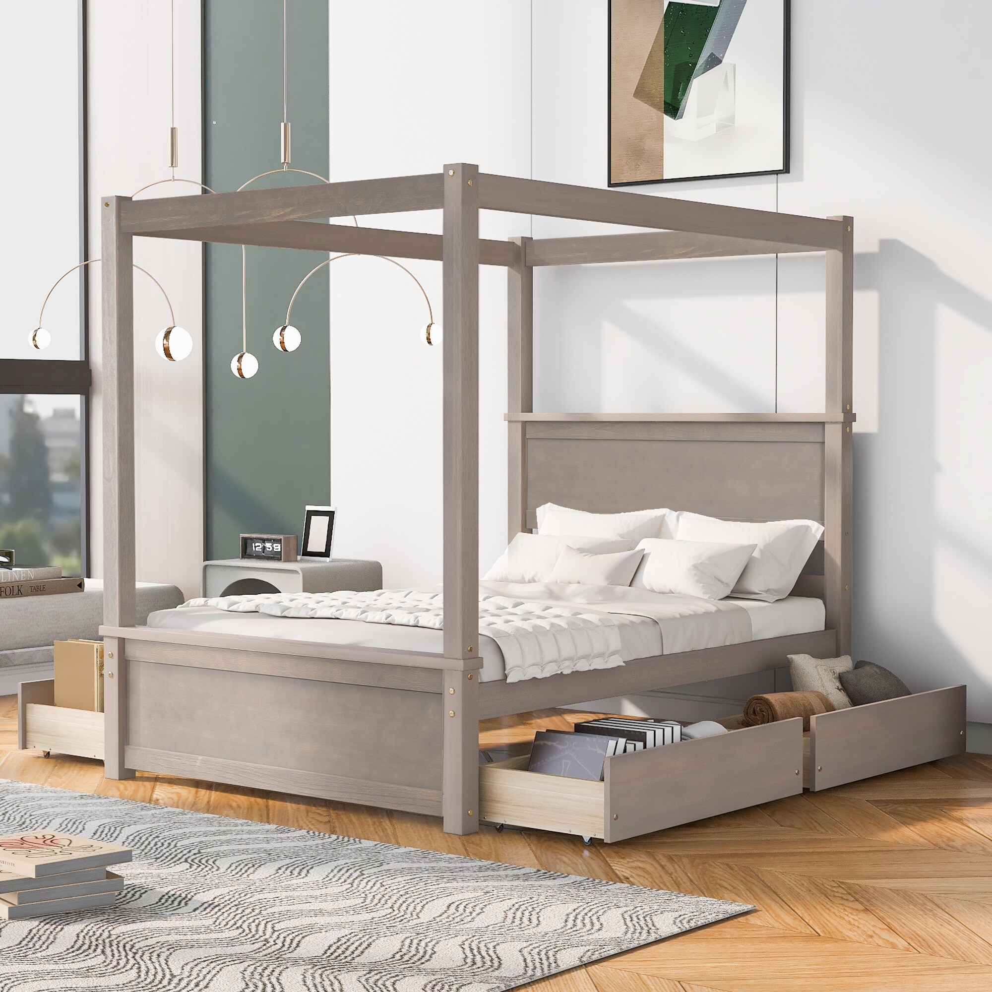 Canopy Bed with 4 Storage Drawers Full Size Platform Bed Modern