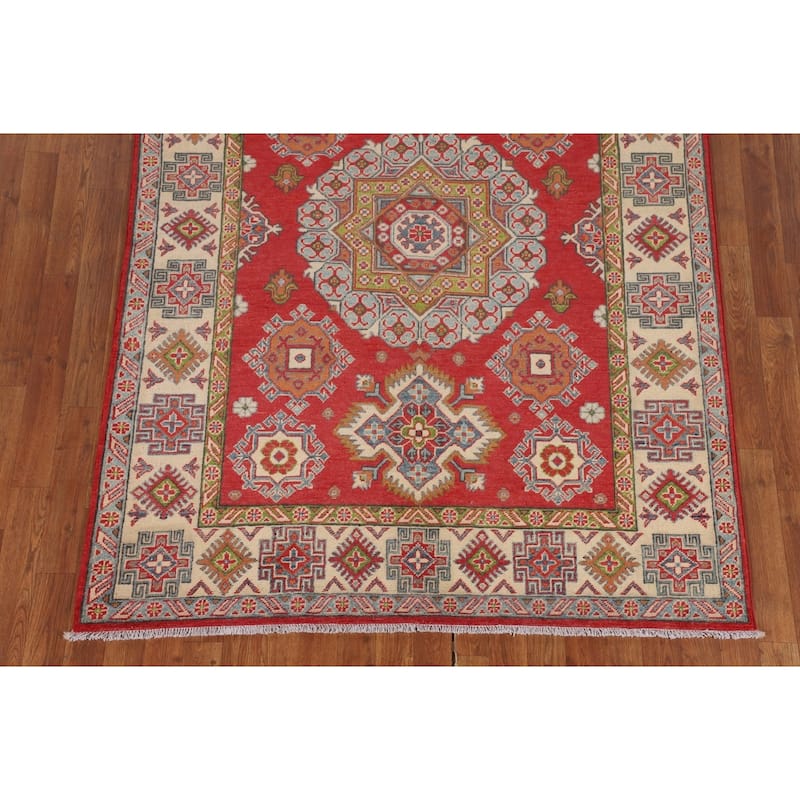 Geometric Kazak Area Rug Handmade Oriental Red Living Room Wool Carpet - 4'11" x 6'8"