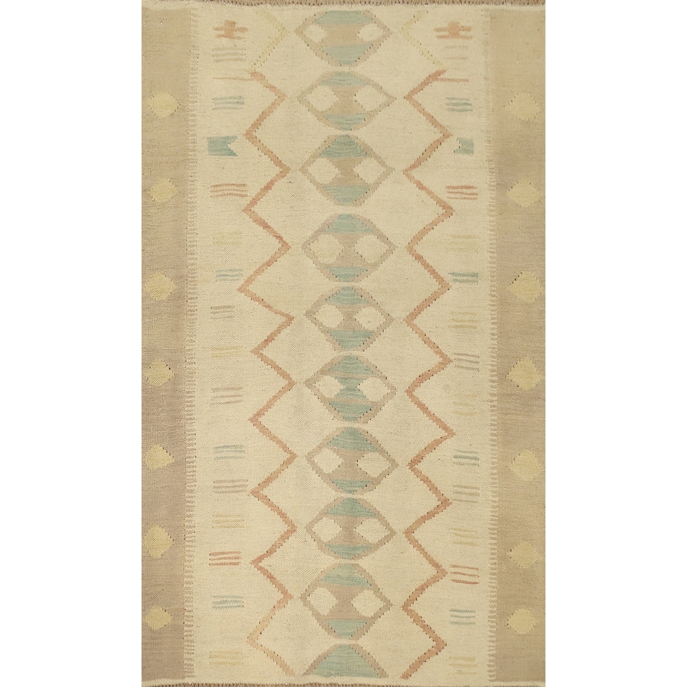 Hand Woven Oriental 100% Wool Carpet Southwestern Tribal Beige & Ivories Kilim Area Rug - 4' 9'' X 3' 4''