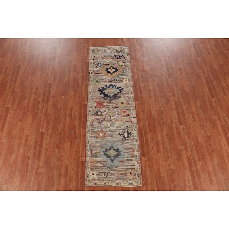 Hand Knotted Oriental 100% Wool Carpet Transitional Floral Multi-Colored Oushak Runner Rug - 9' 2'' X 2' 8''