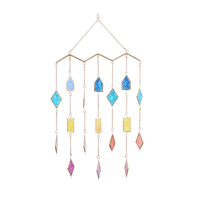 Multi Colored Metal Indoor Outdoor Geometric Windchime with Stained Glass
