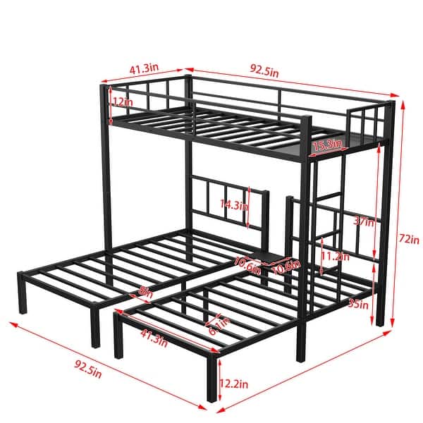 Detachable Metal Triple Bunk Bed, Twin Over Twin & Twin, with Guardrails and Ladder, Converts to Separate Beds