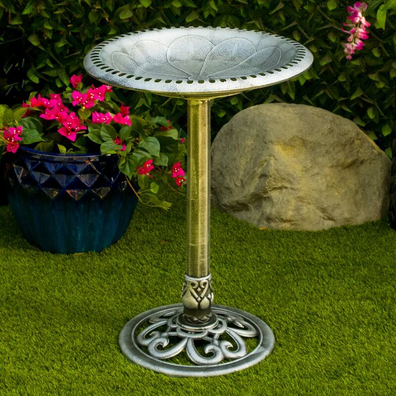 Gray Pedestal Birdbath w/ Scrollwork Base and Ground Stakes