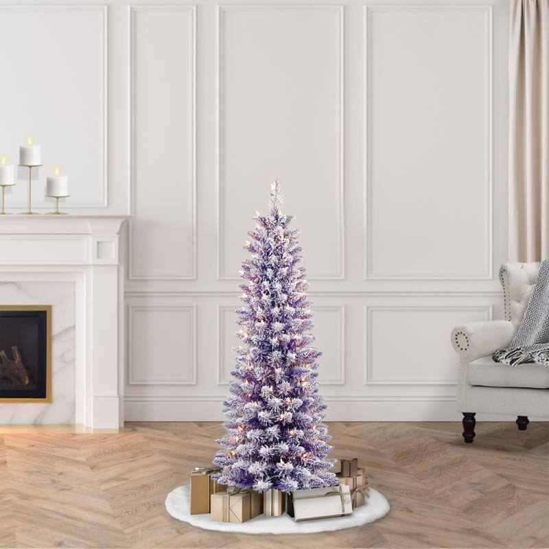 Puleo International 4.5 ft. Pre-Lit Flocked Fashion Purple Pencil Artificial Christmas Tree