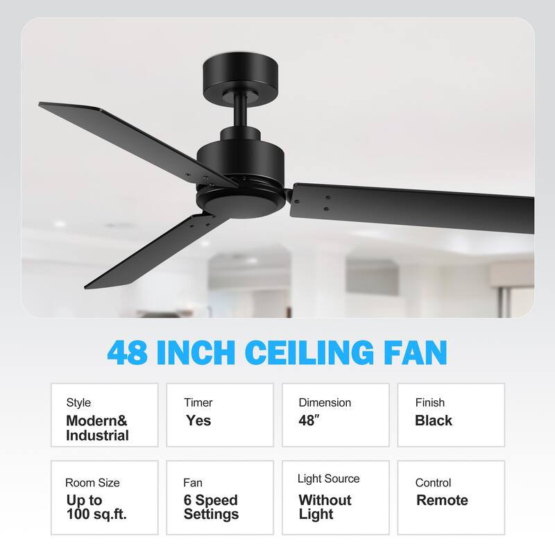 48-in Indoor Black Large Ceiling Fan without Light(3-Blade)