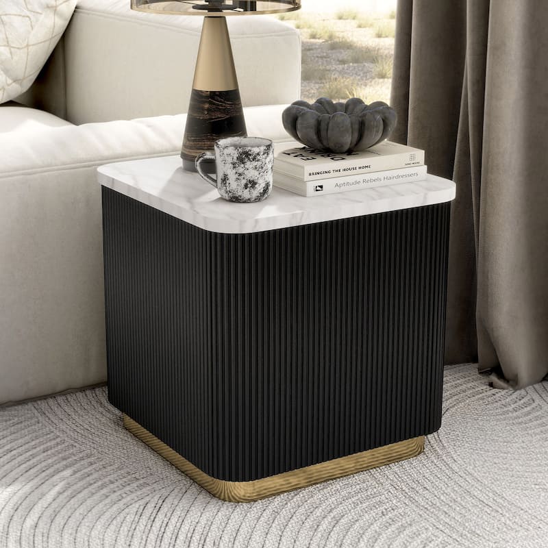 Furniture of America Torin Modern White and Black Genuine Marble Top Square End Table - Black