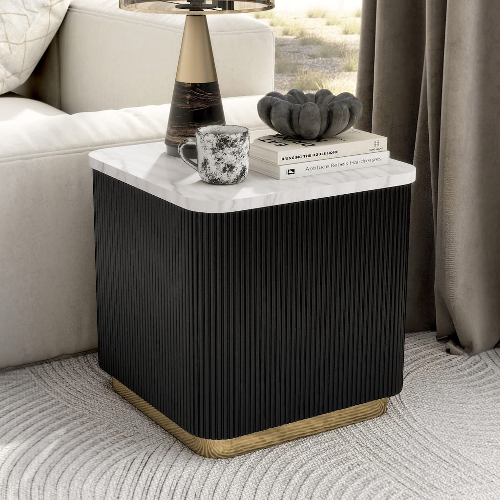 Furniture of America Torin Modern White and Black Genuine Marble Top Square End Table