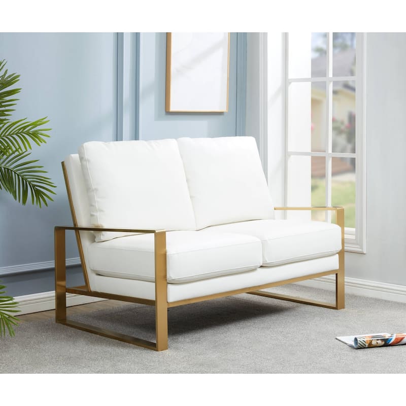 Jefferson Modern Leather Loveseat Gold with Gold Metal Base, Cushion Seating, Pocket Springs, and Protective Floor Pads - 53.1