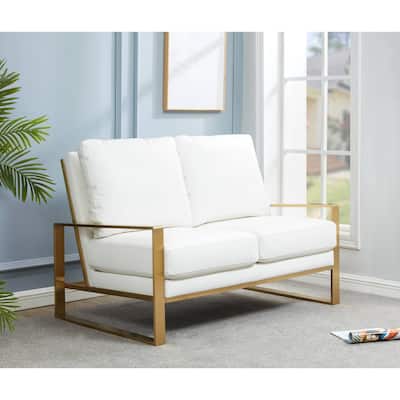 Jefferson Modern Leather Loveseat Gold with Gold Metal Base, Cushion Seating, Pocket Springs, and Protective Floor Pads - 53.1