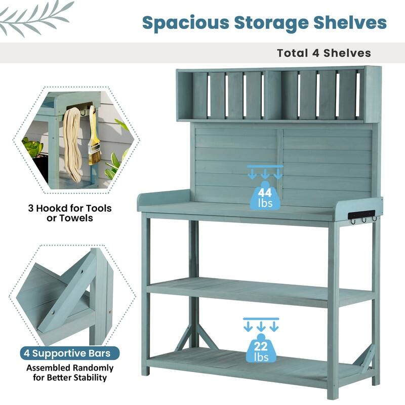 65" Large Wooden Farmhouse Rustic Outdoor Potting Bench Table, Patio Workstation with 4 Storage Shelves and Side Hook