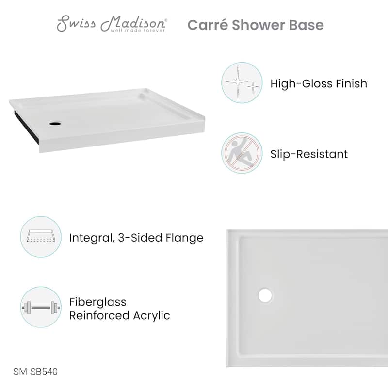Carré 48" x 36" Acrylic White, Single-Threshold, Left Drain, Shower Base