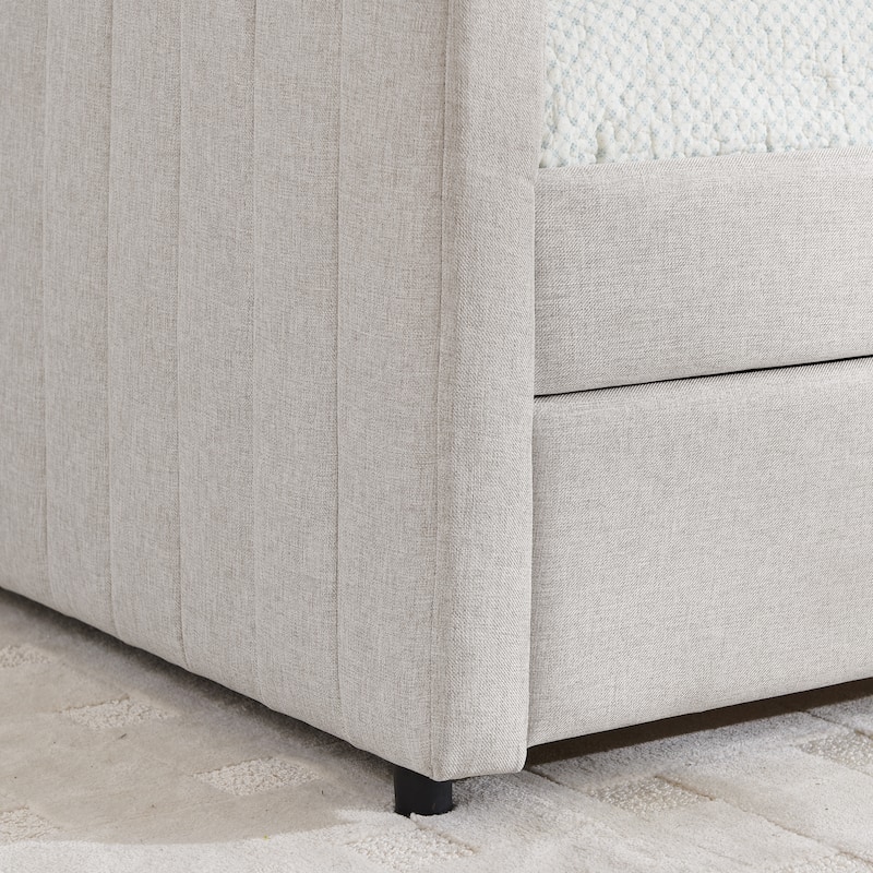 Full Size Daybed with Trundle Upholstered Sofa Bed, with Vertical Stripes, Linen Fabric, Beige (82.5"x58"x30")