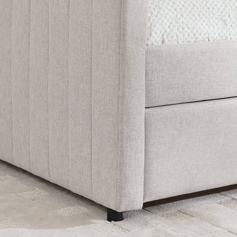 Twin/Full Size Daybed with Trundle, Upholstered Sofa Bed with Vertical Stripes, Linen Fabric, Comfortable Seating for Bedroom