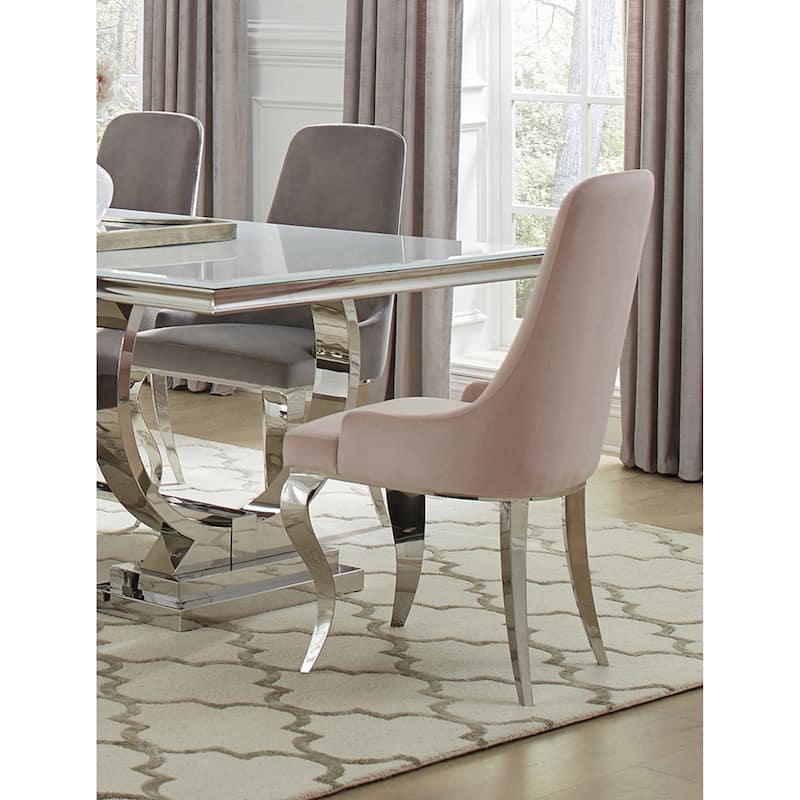 Set of 2 Velvet Upholstered Dining Chairs, Pink and Chrome