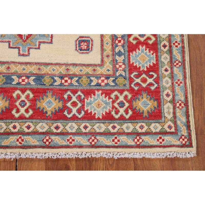 Beige / Ivory Kazak Accent Rug Hand-Knotted Geometric Wool Carpet - 3'11" x 4'11"