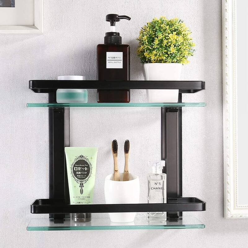 Wall Mount 2-Tier Black Bathroom Glass Floating Shelf