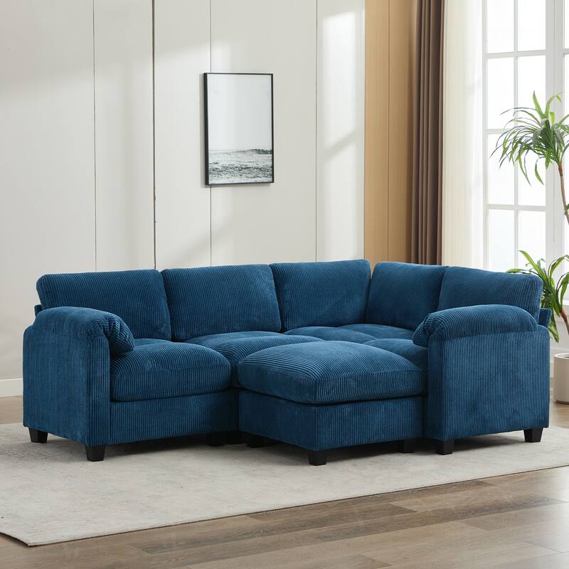 5-Seater Corduroy Sectional Sofa, Removable Ottoman, Modular Design