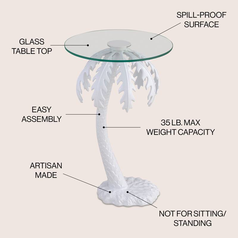 JONATHAN Y Hedda 24.75" Glass Top Metal Palm Tree End Table, White