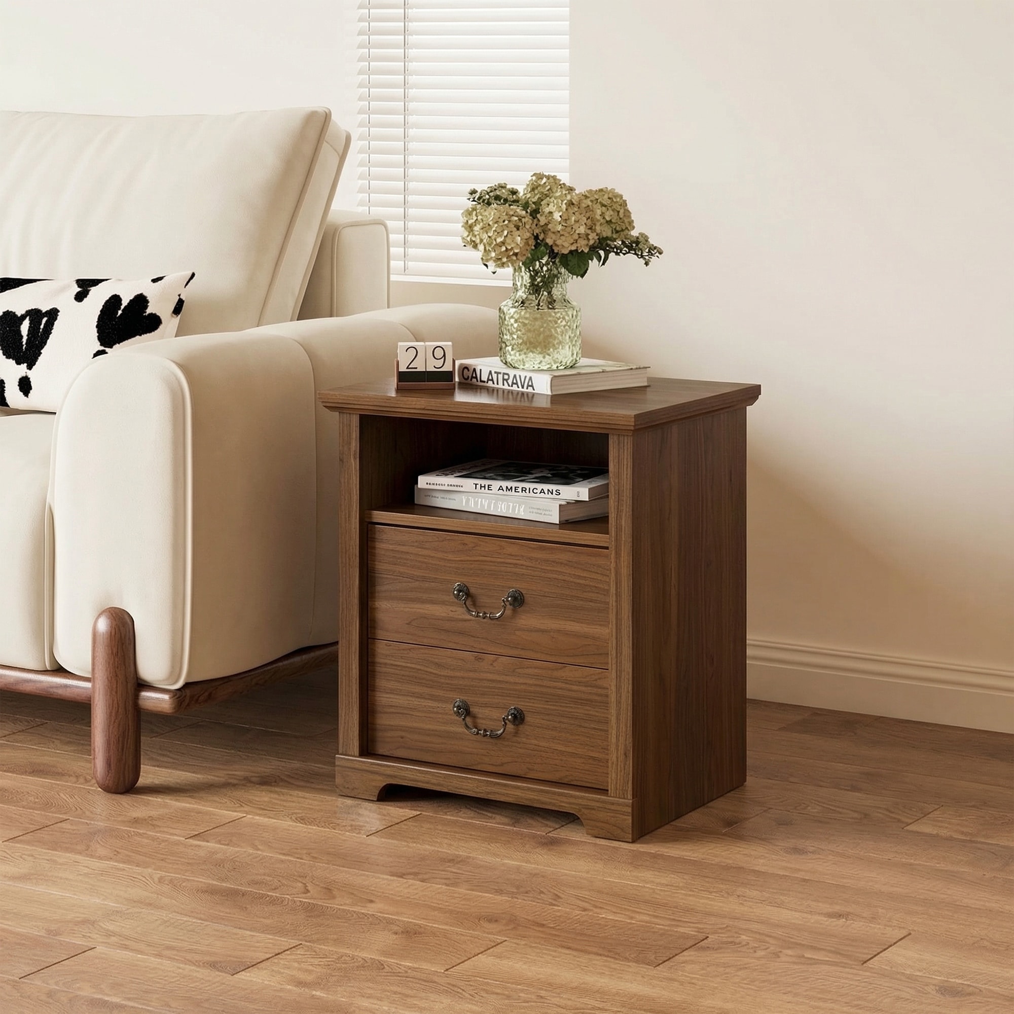 Rustic Walnut Nightstands with Open Shelf and 2 Drawers