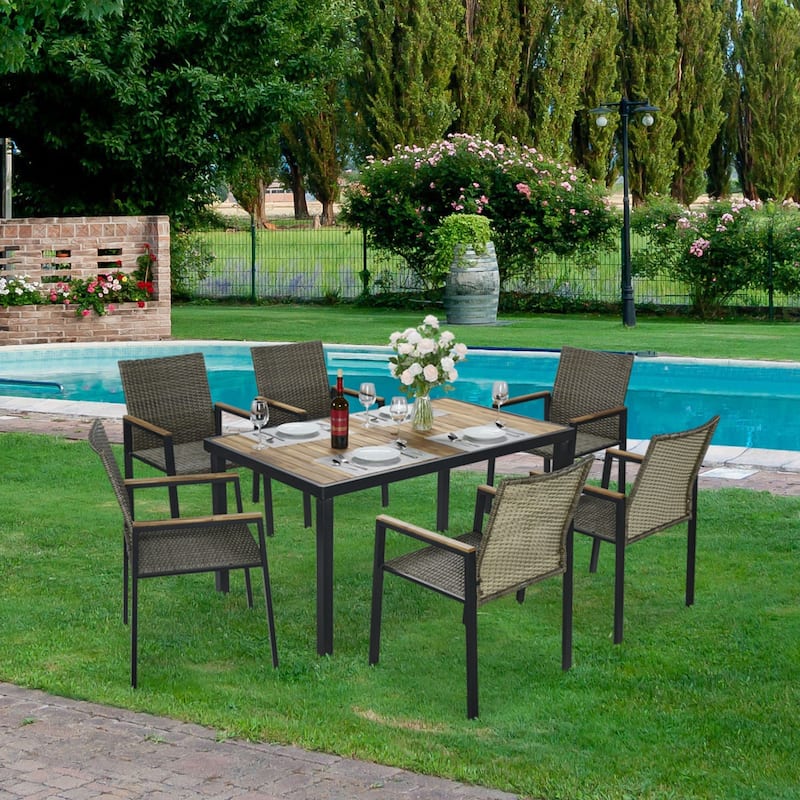 All Weather 7-Piece Patio Dining Table Sets with Acacia Wood Table Top and Umbrella Hole