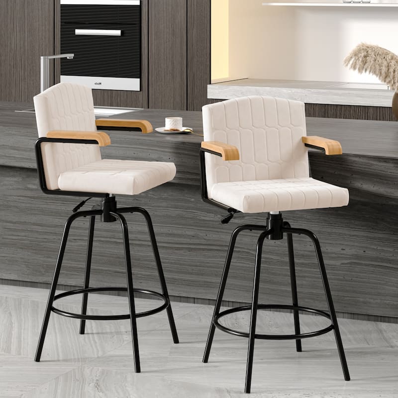 Javlergo Modern Upholstered Bar Stools with Backrest and Wooden Armrests Bar Height Stools with Metal Legs for Kitchen Dining - Set of 2 - Beige