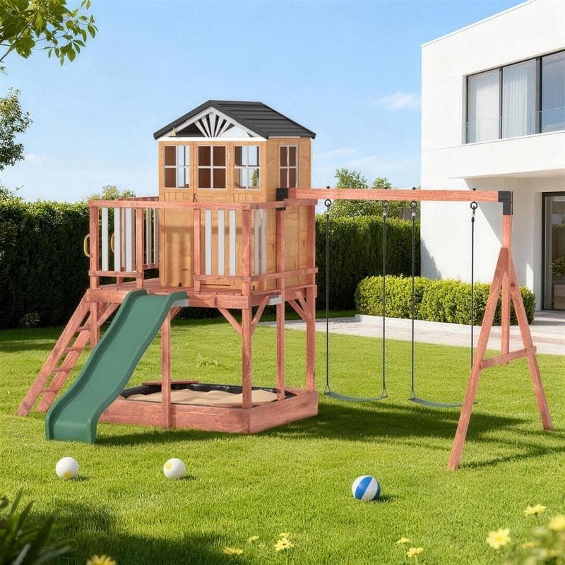 Kids Outdoor Wooden Swing Set with Elevated Playhouse, Wave Slide, Belt Swings and Sandbox - Natural Wood