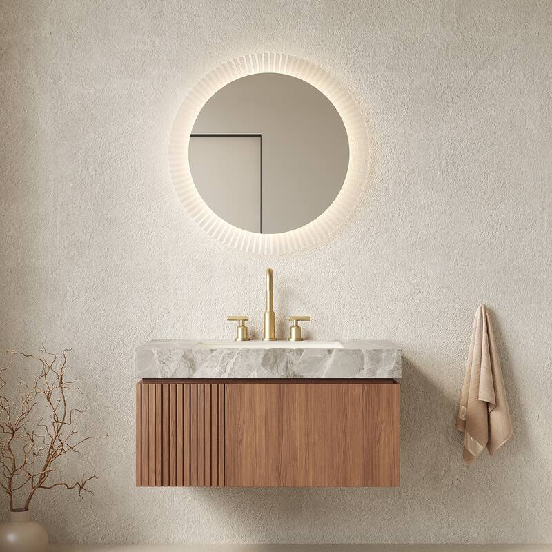 Floating Bathroom Vanity with Sintered Stone Top & Undermount Ceramic Basin with Three Pre-drilled Faucet Holes - 35.83'' x 18.9'' x 17.72'' - Brown Oak and Light Gray