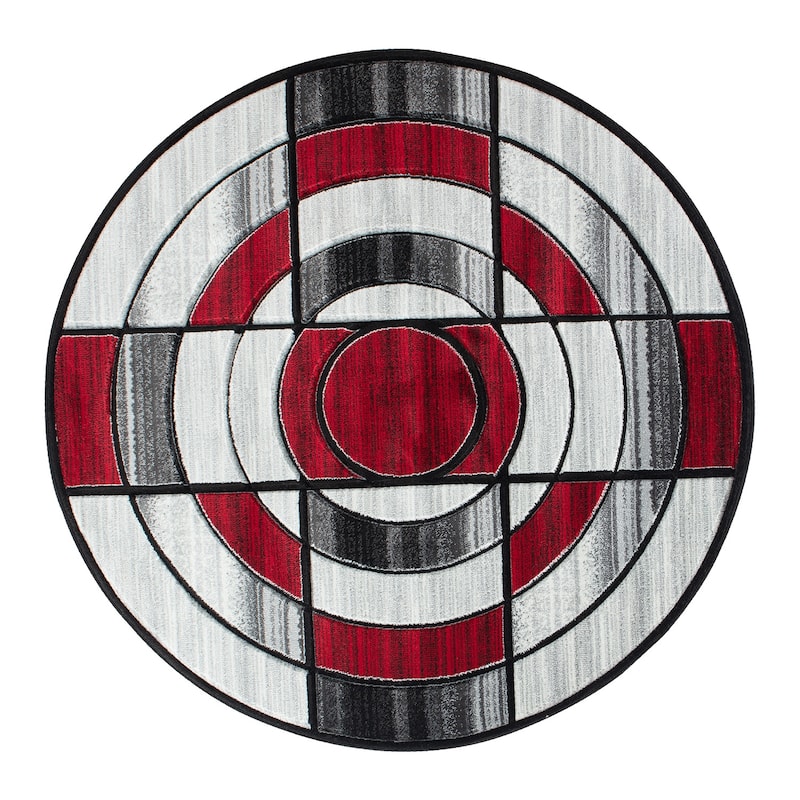Orelsi Collection Abstract Area Rug with Hand Carved Accents - 8'1" Round - Grey/Red