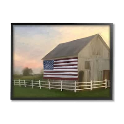 Stupell American Flag Rural Barn Sunset Farm Landscape Framed Wall Art, Design by Amy Hall - Multi