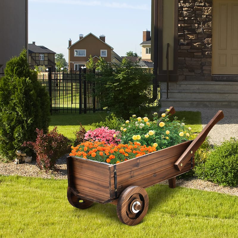 Costway Decorative Wagon Cart Plant Flower Pot Stand Wooden Raised - 32'' x 15.5'' x 15'' (L x W x H)