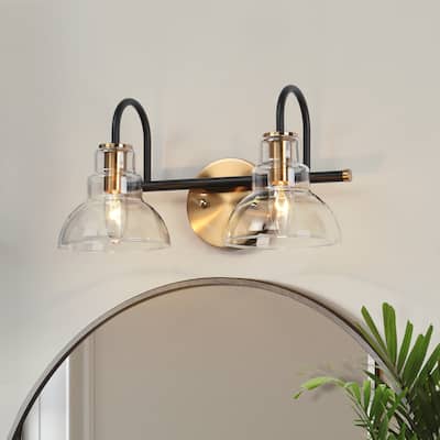 Modern Black Gold 2-Light Bathroom Vanity Light Wall Sconce with Clear Glass - 14.5" L x 7.5" W x 8" H